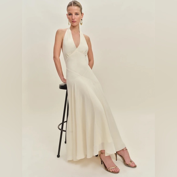 Reformation Briony White/Ivory/Beige/Cream V Neck Halter Maxi Dress (Size 4) - Picture 6 of 6